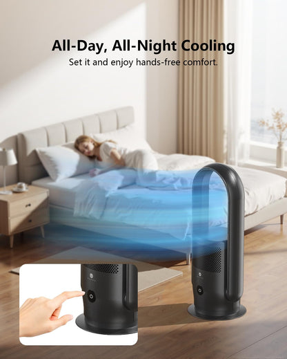 ULTTY Bladeless Tower Fan and Air Purifier Combo, Quiet Oscillating Fan with Remote & Touch Control, 9 Speeds, 8H Timer, HEPA Air Filter, Safe Floor Fan for Bedroom Home Office Black, 23.5"inch