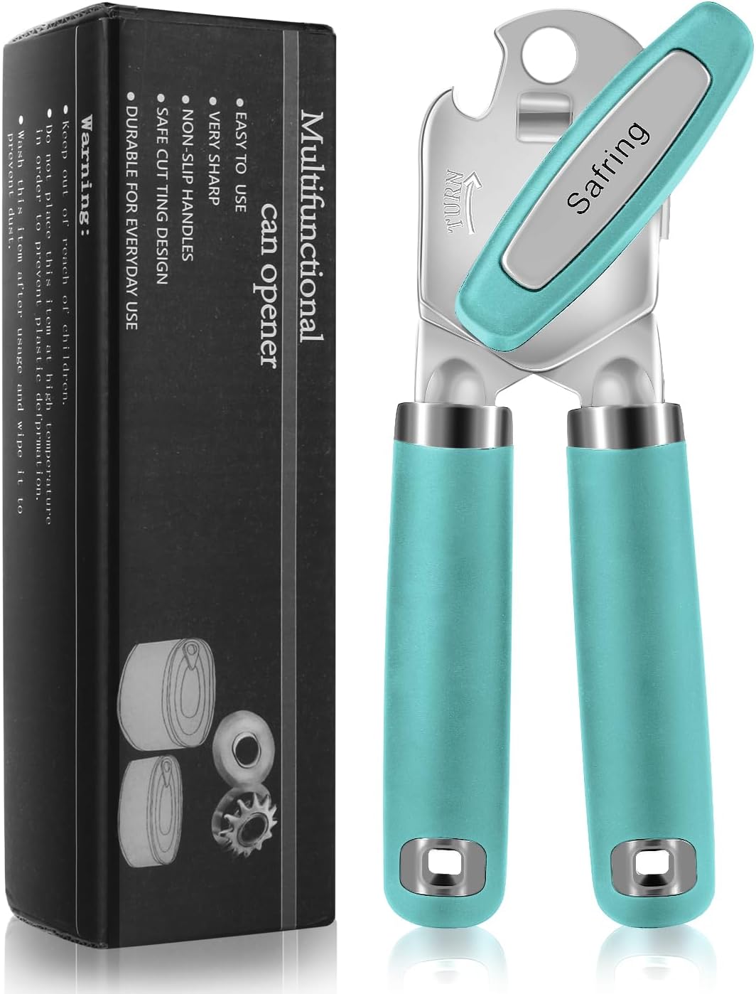 Safring Can Opener Manual, Heavy Duty Handheld Strong Can Opener with Soft Touch Handle, Sharp Blade Smooth Edge, Can Openers with Multifunctional Bottle Opener, Black