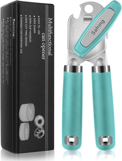 Safring Can Opener Manual, Heavy Duty Handheld Strong Can Opener with Soft Touch Handle, Sharp Blade Smooth Edge, Can Openers with Multifunctional Bottle Opener, Black