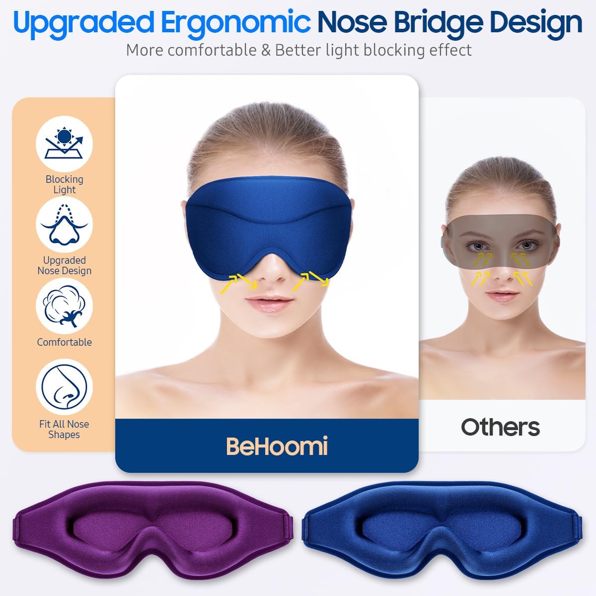 BeHoomi Sleep Mask, Premium Eye Mask for Sleeping, Total Blackout, Super Soft Comfort, Adjustable Fit, Upgraded 3D Ergonomic Designed Sleeping Mask for Home, Office, Travel, Meditation, Yoga, Pink