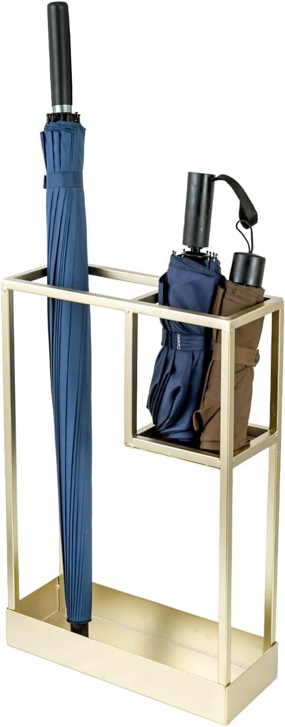 MyGift 20 Inch Brass Tone Metal Umbrella Stand with Drip Tray | Freestanding Rain Gear Storage - Long Short Umbrellas Canes Walking Sticks Entryway Lobby Office Floor Standing Drip Catcher