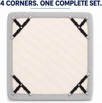 Bed Sheet Holders for Corners 4 Pack 3-Way Grip for Smooth Sheets All Night | Rest easier and wake up to a neater bed, designed to help reduce sheet slipping and bunching