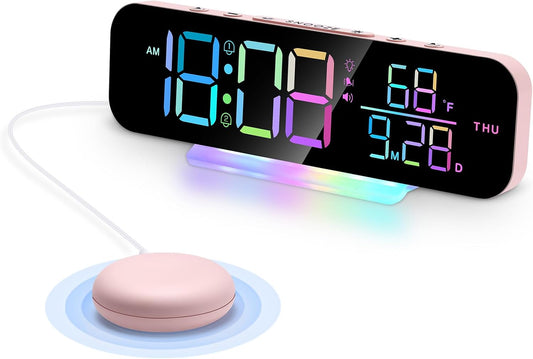 Extra Loud Vibrating Alarm Clock with Bed Shaker,Large LED Digital Display,Dual Alarms,Multiple RGB Colors,Dimmable Volume Adjustable,for Deep Sleepers and Hearing Impaired Deaf Seniors