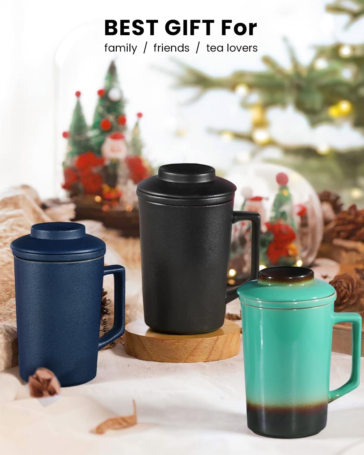 15 oz Ceramic Tea Infuser Cup with Lid - Tea Mug with All Porcelain Strainer for Loose Leaf Teas,Microwave and Dishwasher Safe,Metal-Free,BPA-Free for Tea Lovers/Birthday (Black)