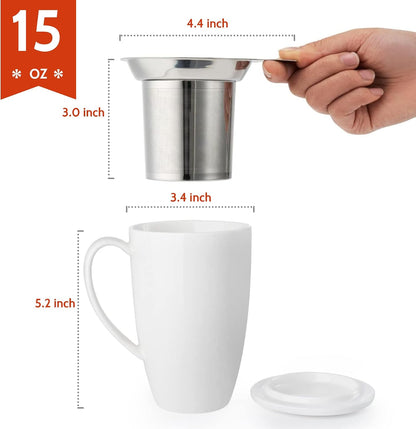 Sweese 15oz Porcelain Tea Mug with Infuser and Lid – Microwave Safe, Ergonomic Handle, Lead-Free Glaze, for Loose Leaf Tea