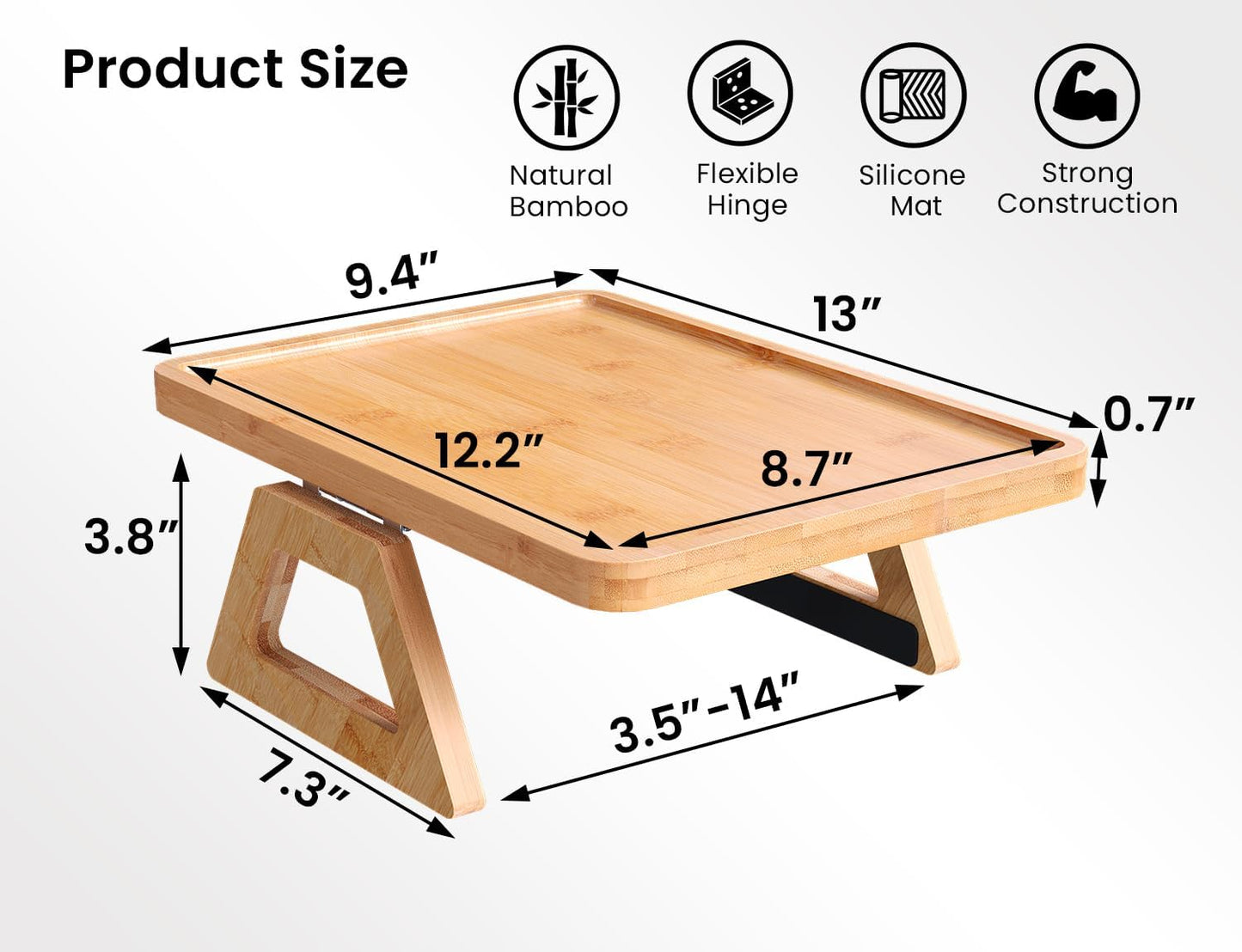 2 Pack Bamboo Couch Arm Tray,Folding Sofa Armrest Table（Natural） | Clip-On Couch Desk,Foldable, high load-bearing, Non-slip, no assembly，easy to wipe clean，Natural bamboo,Gift box