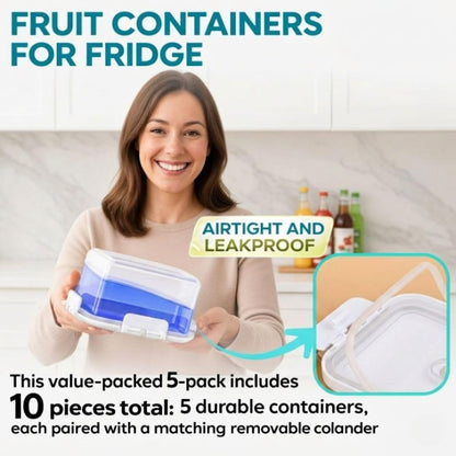 Fruit Containers for Fridge, 5-Pack Airtight Storage Set | Berry Storage Container for Refrigerator, Removable Colander, BPA-Free Non-Toxic Produce Organizer, Dishwasher Safe, White