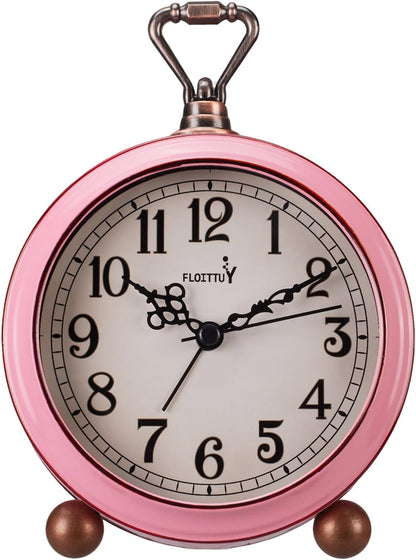 FLOITTUY 4.5" Battery Operated Antique Retro Analog Metal Alarm Clock, Silent Bedside Desk Clock, Wall-Hanging Vintage Clock(Exquisite Bronze)