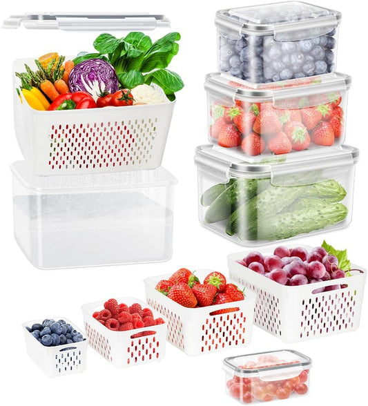 5 Pack Fruit Storage Containers for Fridge with Removable Colander, Produce Containers BPA-free Fridge Organizer to Keep Berry Lettuce Vegetable Fresh, Dishwasher & Microwave Safe