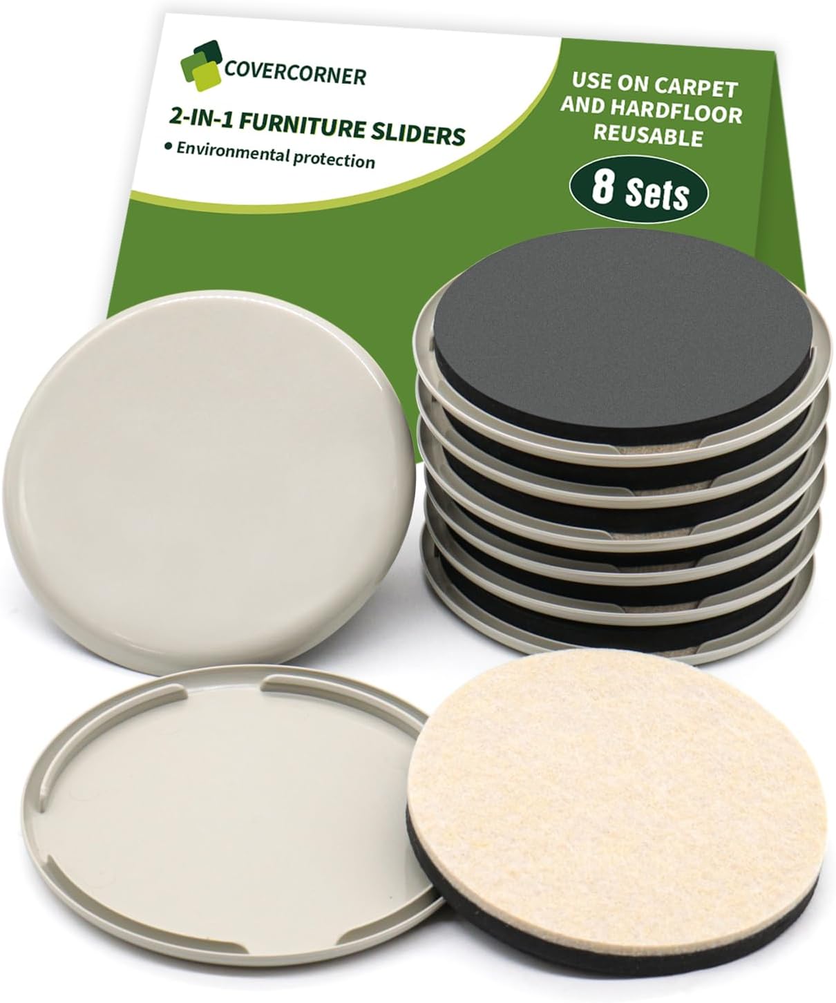 2 in 1 Furniture Sliders, 8 PCS in 3 1/2" or 4", Brown | Furniture Sliders for Hardwood Floors, Furniture Sliders for Carpet, Sliders for Moving Furniture, Furniture Movers Sliders