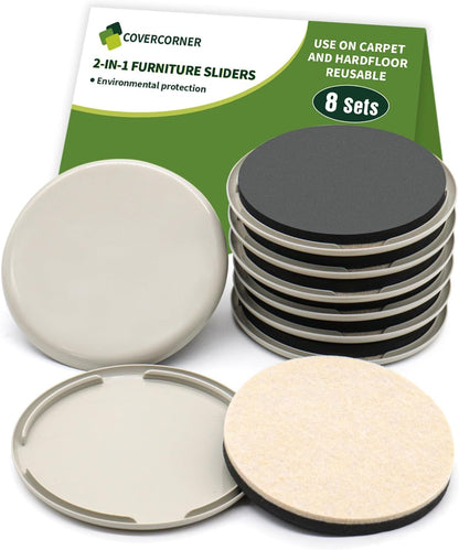 2 in 1 Furniture Sliders, 8 PCS in 3 1/2" or 4", Brown | Furniture Sliders for Hardwood Floors, Furniture Sliders for Carpet, Sliders for Moving Furniture, Furniture Movers Sliders