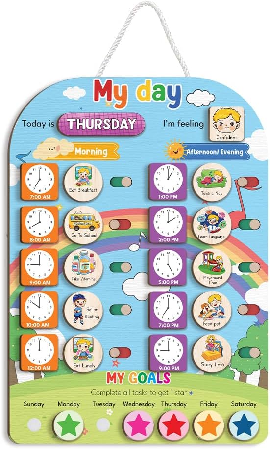 TinyKidz Wooden Daily Routine Chart 11x15, Schedule Board for Kids, Wooden Chore Chart for Kids, Responsibilities Chart for Toddlers, Morning Bedtime Routine for Toddlers