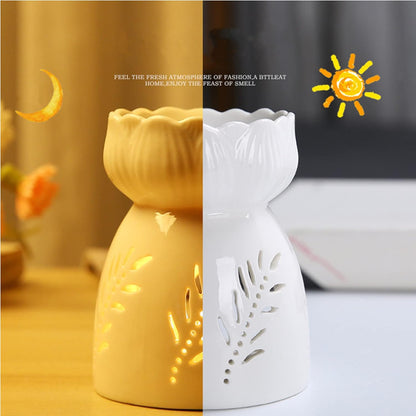 Lyellfe 3 Pack Ceramic Tealight Candle Holder with Spoon | White Carved Essential Oil Burner, Wax Warmer Aroma Diffuser for Birthday Valentines Mothers Day Gift Home Decor