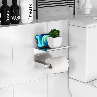 GLNLQ Matte Black Toilet Paper Holder with Shelf, Fits Mega Rolls Size | Adhesive or Screw-in, Waterproof and Rustproof Stainless Steel, Wall Mount Design, Modern Stylish Design, for Bathroom, RV