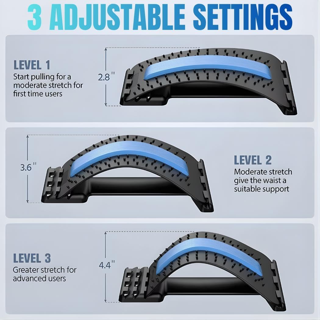 Adjustable Back Stretcher with 3 Levels Lumbar Traction Device with Acupressure Points for Lower Back Pain Relief, Spine Alignment, Flexibility & Daily Support