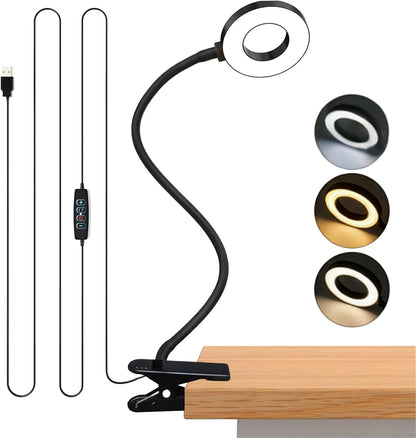 LED Desk Lamp with Clamp, Clip on Book Light for Reading | 48 LED,3 Colors & 10 Brightness, Aluminum 15" Gooseneck, Clamp Lamp, for Bed Headboard, Home Office, Dorm, Crafting
