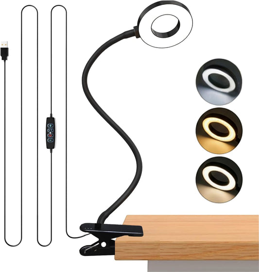 LED Desk Lamp with Clamp, Clip on Book Light for Reading | 48 LED,3 Colors & 10 Brightness, Aluminum 15" Gooseneck, Clamp Lamp, for Bed Headboard, Home Office, Dorm, Crafting