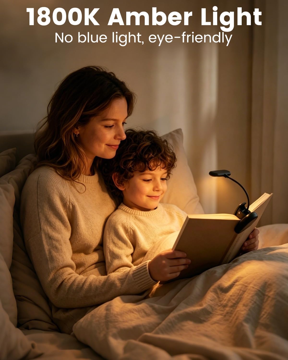 Klarlight 1800K Amber Rechargeable Book Light for Reading at Night, Eye-Caring with No Blue Light, Stepless Dimming & Memory Function, Lightweight Clip On Reading Lamp for Kids and Adults