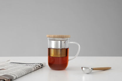VIVA Minima Balance Glass Tea Cup with Infuser and Lid, 17oz, Clear Bamboo