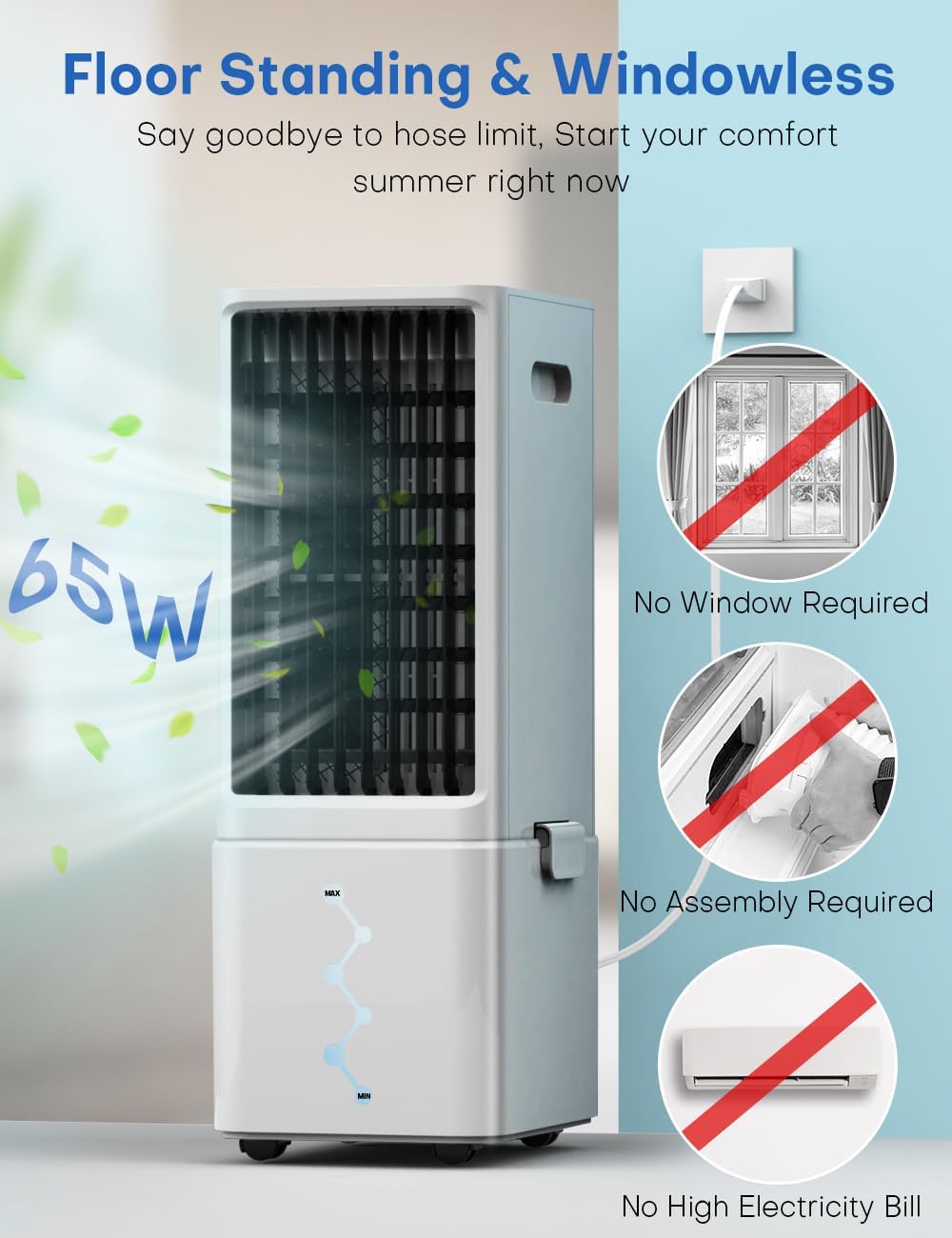 Portable Air Conditioners 4 Modes&3 Speeds,4 Ice Packs, Waterless Alert System, 12H Timer, Remote,1 Gal Detachable Water Tank, 70°Oscillation Windowless Evaporative Air Cooler for Room Office