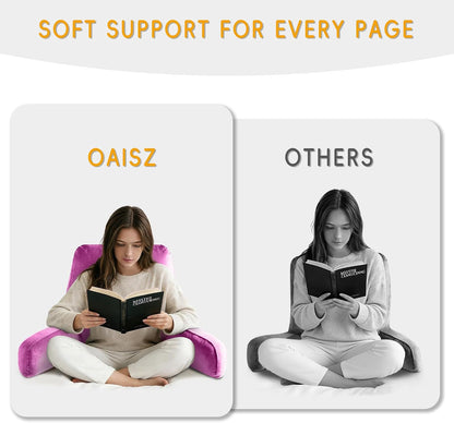 OAISZ Reading Pillow for Sitting in Bed with Shredded Memory Foam, Grey | 19-Inch Back Pillow for Sitting Up in Bed, Extended Arms, Side Pockets, Supportive Adjustable Pillow Removable Washable Cover
