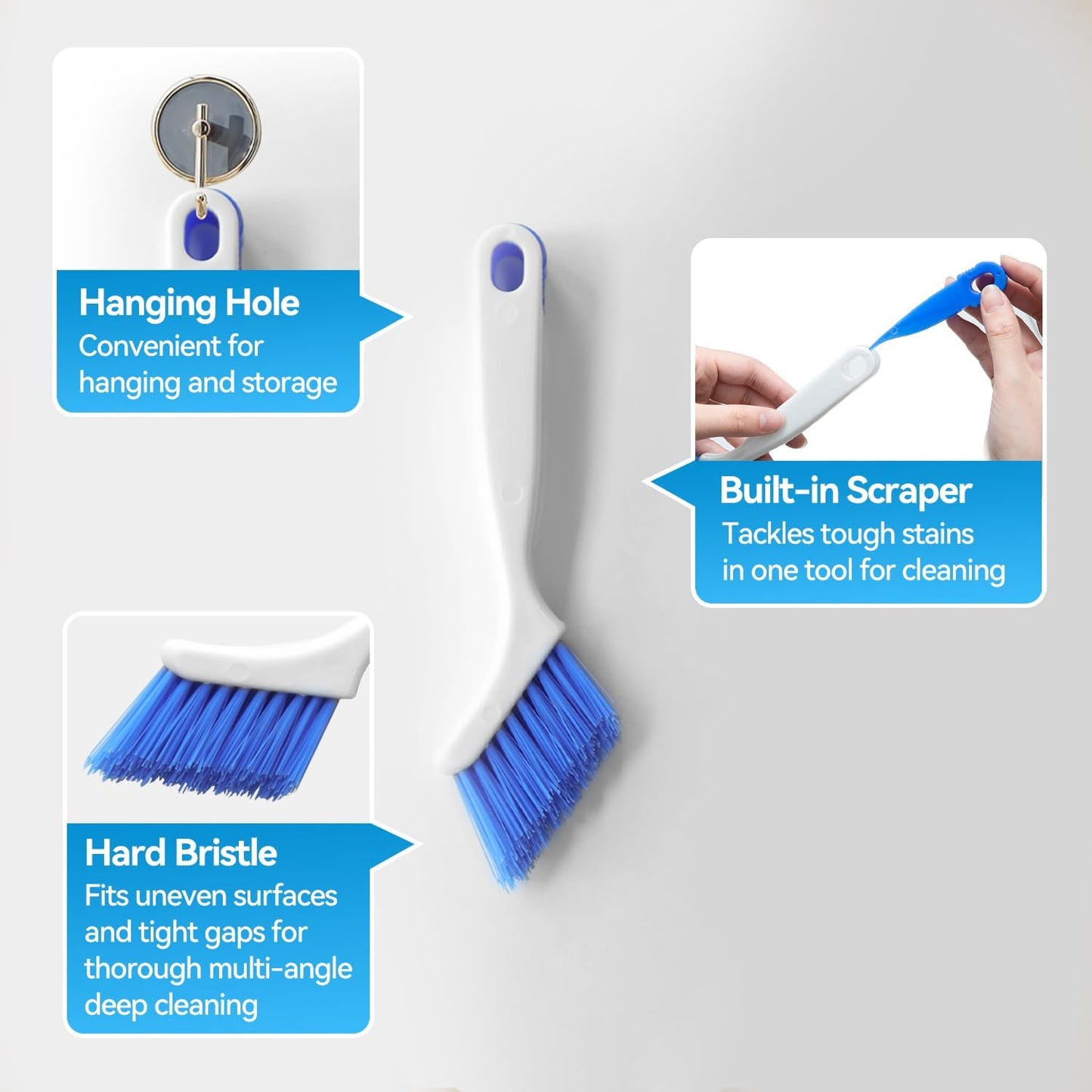 Crevice Cleaning Brush Set for Kitchen & Window Tracks, 4-Piece | 4-piece set includes hard bristle, steel wire, brass wire, nylon brushes and a built-in scraper for gaps, grout and tracks.