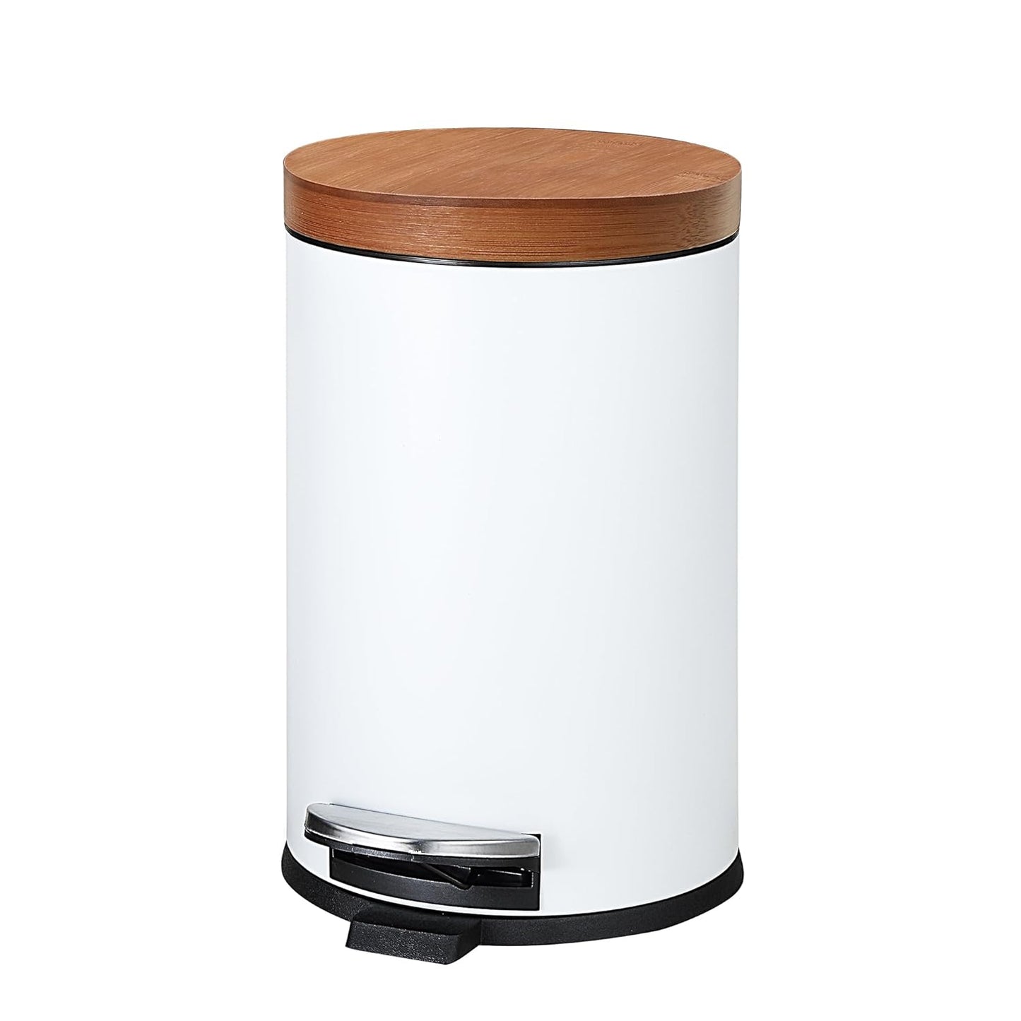 SunnyPoint Elite Bamboo Lid 4.5 Liter / 1.2 Gallon Round Trash Can with Plastic Inner Bucket; Bathroom, Office, Kitchen and Bedroom Step On and Slow Close (Black)