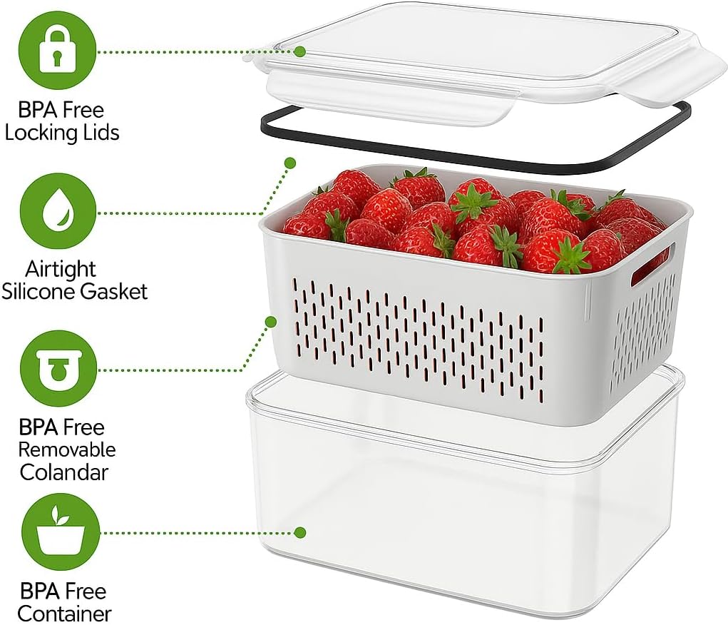 5 Set Fruit Storage Containers for Fridge with Colander, Produce & Veggie | Dishwasher safe, leakproof BPA-free plastic, stackable vegetable& fruit saver for refrigerator, keep berry salad meat fresh