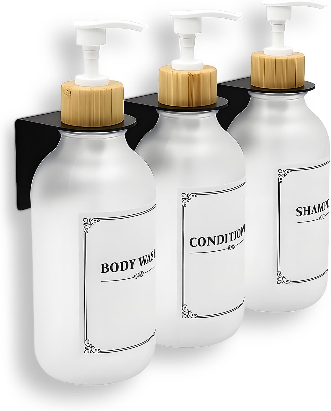 Shampoo and Conditioner Dispenser 3 Chamber Set,Soap Pump Bottles | No Drill Wall Mounted,Refillable Bathroom Body Wash Dispensers with Waterproof Labels,Clear