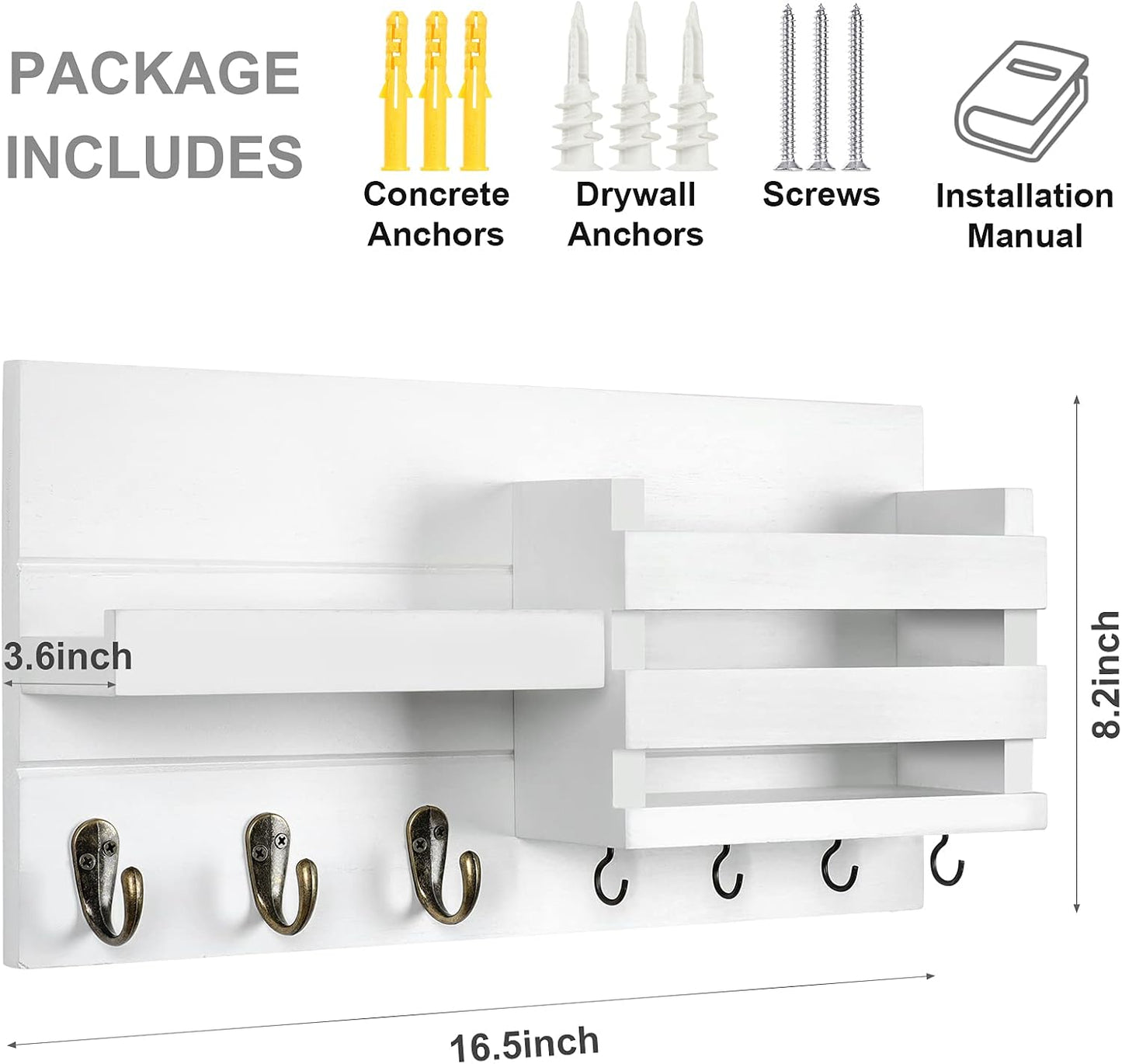 Lwenki Mail Organizer for Wall Mount – Key Holder with Shelf Includes Letter Holder and Hooks for Coats, Dog Leashes – Rustic Wood with Flush Mounting Hardware (16.5” x 8.7” x 3.5”)