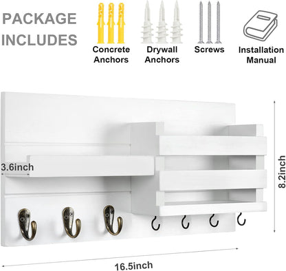 Lwenki Mail Organizer for Wall Mount – Key Holder with Shelf Includes Letter Holder and Hooks for Coats, Dog Leashes – Rustic Wood with Flush Mounting Hardware (16.5” x 8.7” x 3.5”)