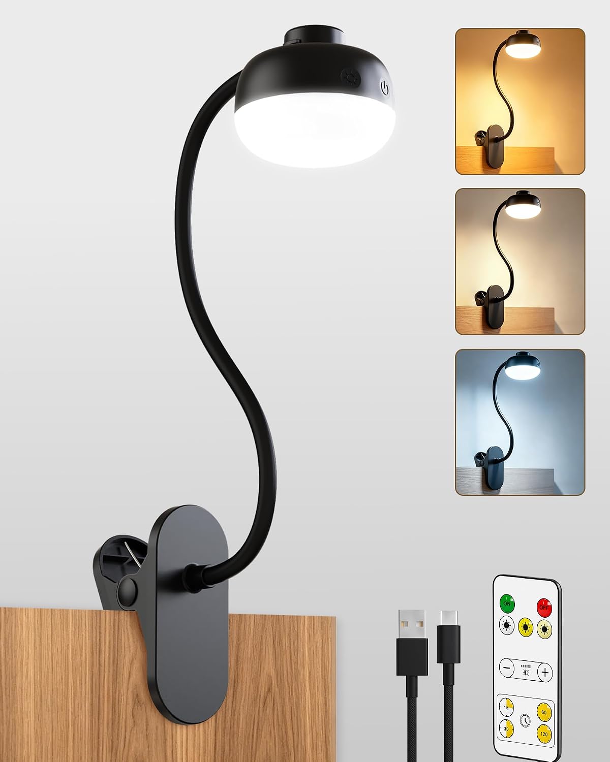 Pebble-Shaped Clip on Reading Light with Detachable Lamp Head, 5000mAh Rechargeable Battery, 360° Ambient Glow, Remote & Timer, Stepless Dimming, 12inch Gooseneck Clamp Lamp for Bed Headboard & Desk