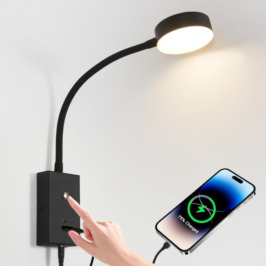 Plug-in Gooseneck Wall Reading Light, Touch Dimmable & USB-C Ports