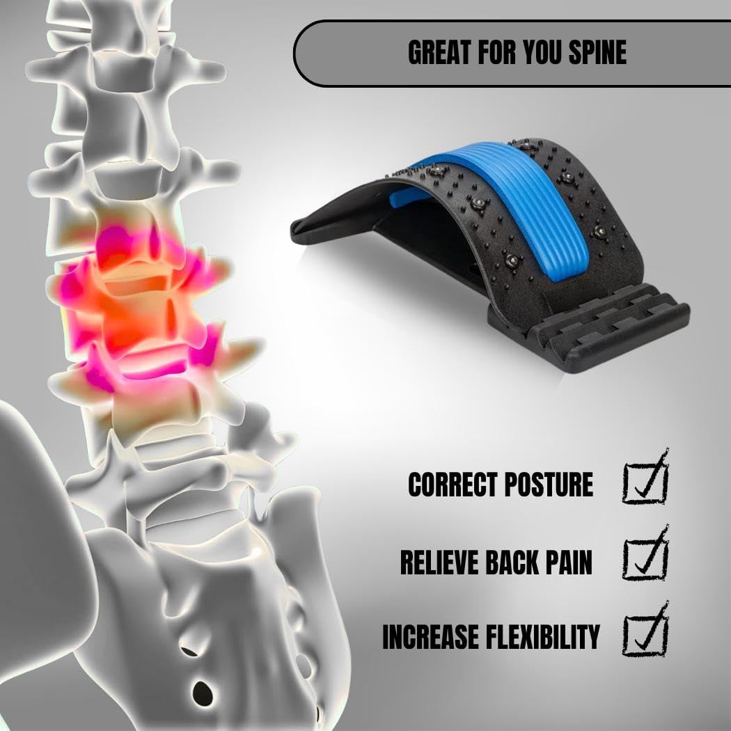 Adjustable Back Stretcher with 3 Levels Lumbar Traction Device with Acupressure Points for Lower Back Pain Relief, Spine Alignment, Flexibility & Daily Support