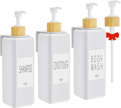 VITVITI Shampoo and Conditioner Dispenser, Shower Soap Dispenser Wall Mount | 17OZ Refillable Plastic Shampoo/Body Wash Shower Bottles for Bathroom with Pump/Labels, Bamboo Wall Mounted, Clear