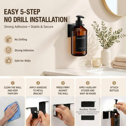 Shampoo and Conditioner Dispenser Set of 3 for Wall Mount | 16.9 fl oz Drill Free Shower Soap Bottles,Refillable Body Wash Dispensers for Bathroom Decor (Amber Bottles + Bamboo Pumps)