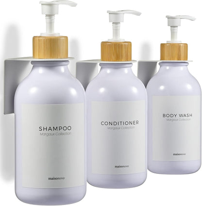 MaisoNovo Shampoo and Conditioner Dispenser|Refillable Black Set of 3 | 500 ml Shower Gel Dispenser Set of 3. Refillable Shampoo and Conditioner Bottles. Drill Free Secure Design. Black