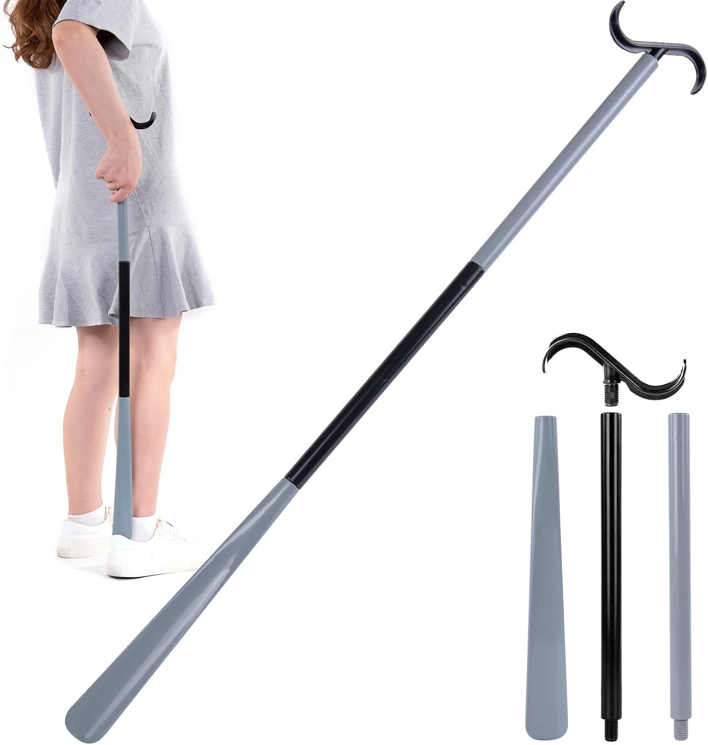 35" Long Dressing Stick with Shoe Horn with Sock Removal Tool, Adjustable Extended Dressing Aids for Shoes, Socks, Shirts and Pants