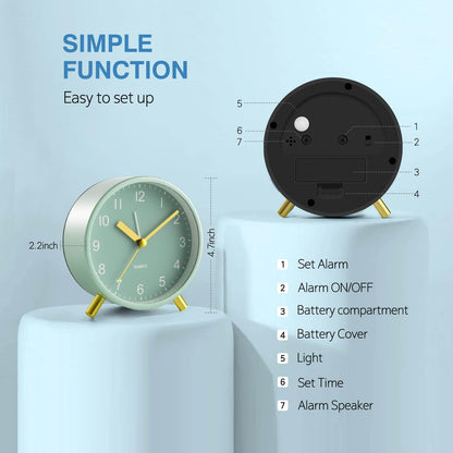 Silent Analog Quartz Kids Alarm Clock, Round Metal, Night Light