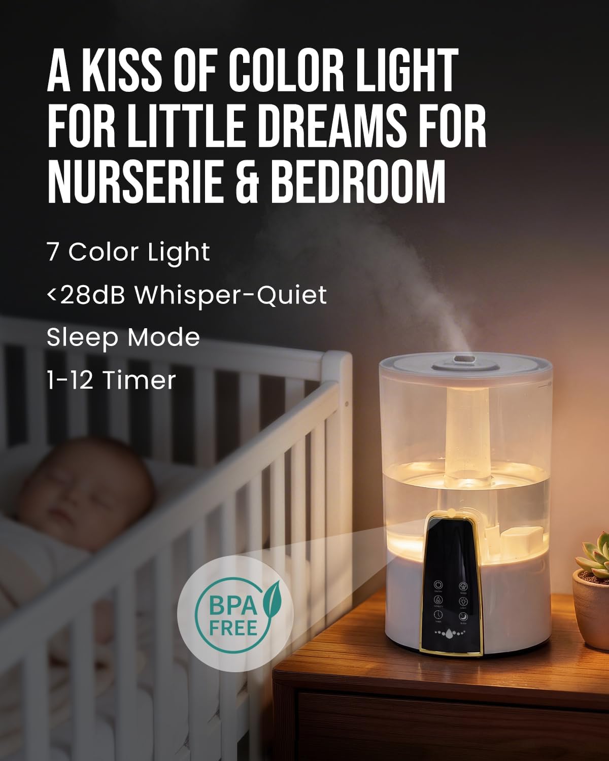 YOKEKON Humidifiers for Bedroom,1.06Gal(4L) Dishwasher Safe Design Easy to Clean,Top Fill,Night Light,Aroma Diffuser,Humidity Control,12H Timer,Sleep Mode,3 Level Mist,360° Nozzle,Home,Nursery,Black