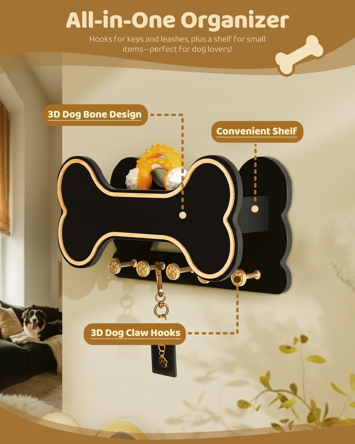 MTERSN Dog Leash Holder for Wall with Key Hooks for Dog Gear Storage, Brown | 3D Puppy Paw Hooks, Doggie Bone Shape, Key Rack with 5 Hooks, Wall Shelf for Treats & Dog Food, Ideal for Wall Decor