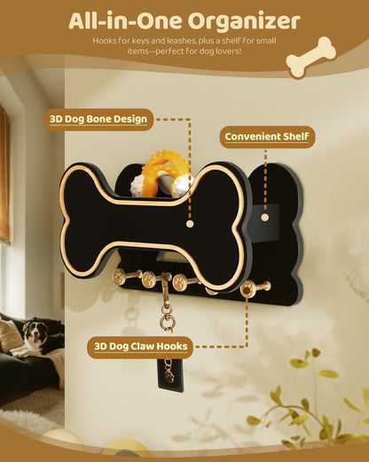 MTERSN Dog Leash Holder for Wall with Key Hooks for Dog Gear Storage, Brown | 3D Puppy Paw Hooks, Doggie Bone Shape, Key Rack with 5 Hooks, Wall Shelf for Treats & Dog Food, Ideal for Wall Decor