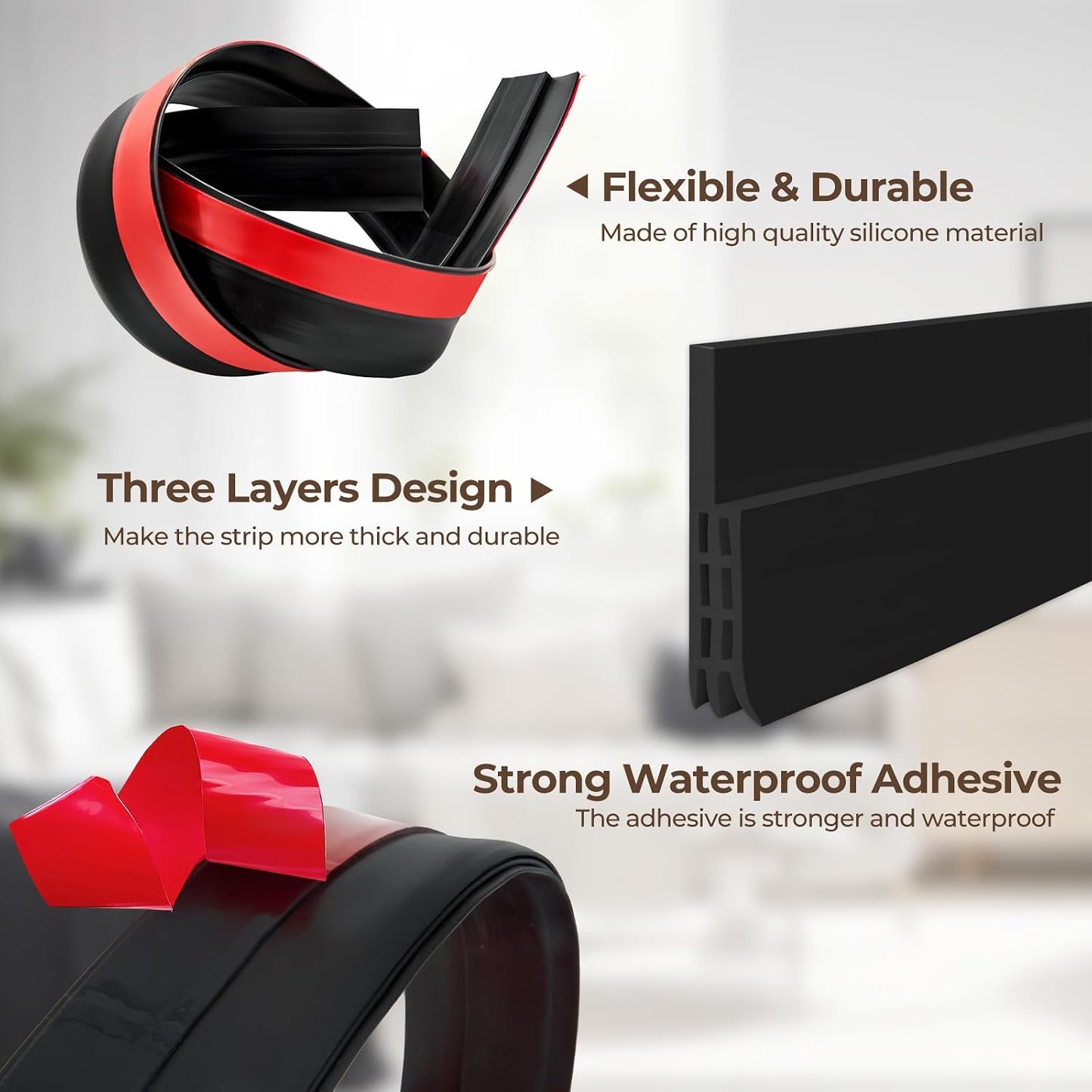 Ohuhu Door Draft Stopper, 1" Wide Adhesive Weather Stripping Seal, 39" | self-adhesive silicone, for interior exterior doors, 3-layer soundproof, save energy, blocks drafts, noise, light, dust, bugs