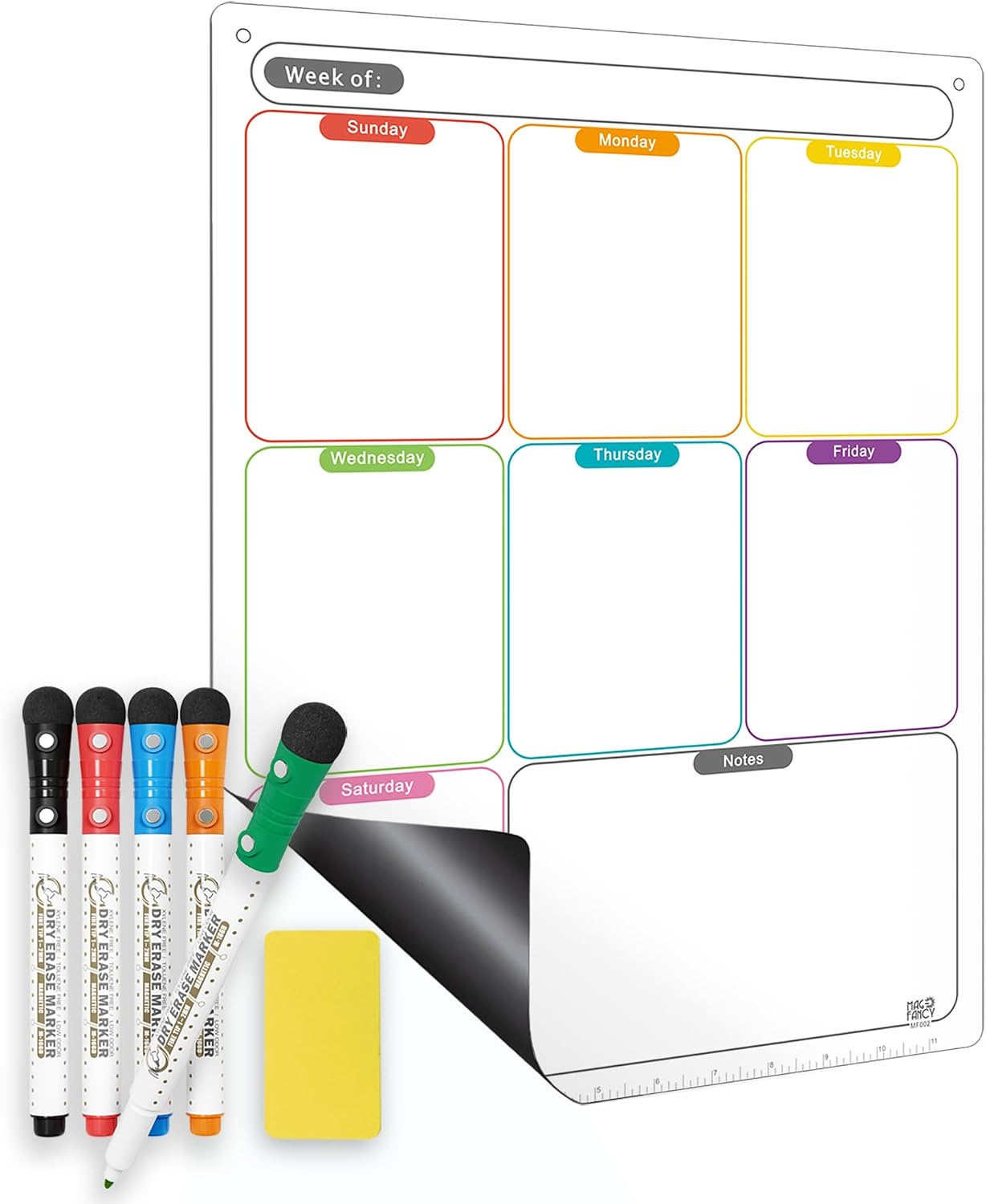 Magnetic Calendar for Fridge, Dry Erase Weekly Planner, 13" x 16.9" | Strong Magnetic Hold, Vertical Weekly Layout, Large Daily Spaces, Easy to Clean, Color-Coded, Dual-Magnet Markers & Eraser