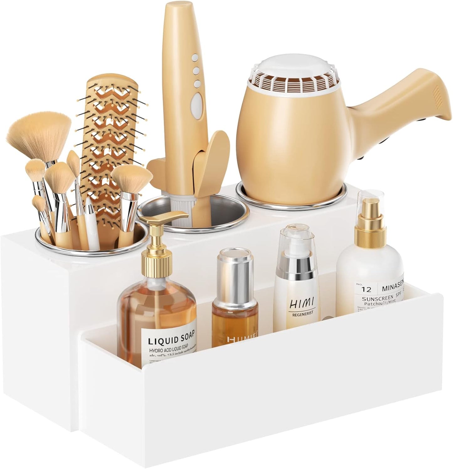 Hair Tool Organizer, Acrylic Hair Dryer Holder, Bathroom Countertop Blow Dryer Stand Storage, Vanity Organizer for Accessories, Makeup, Flat Irons, Curling Irons, and Toiletries (White)