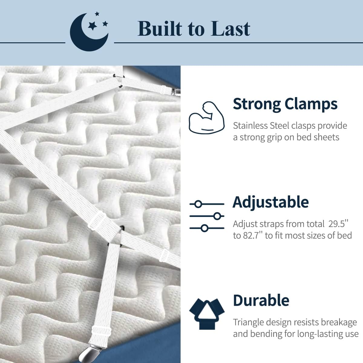 Sopito Sheet Straps, Adjustable Bed Sheet Suspenders Max Stretch from 29.5 in to 82.7 in Compatible for Crib to King Size Bed, Non Slip Holder Fasteners Clips, 2pcs/Black
