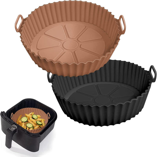 2 Pack Air Fryer Silicone Liners Pot for 3 to 5 QT, Basket Bowl, Replacement of Flammable Parchment Paper, Reusable Baking Tray Oven Accessories, Red+Blue, (Top 8in, Bottom 6.75in)