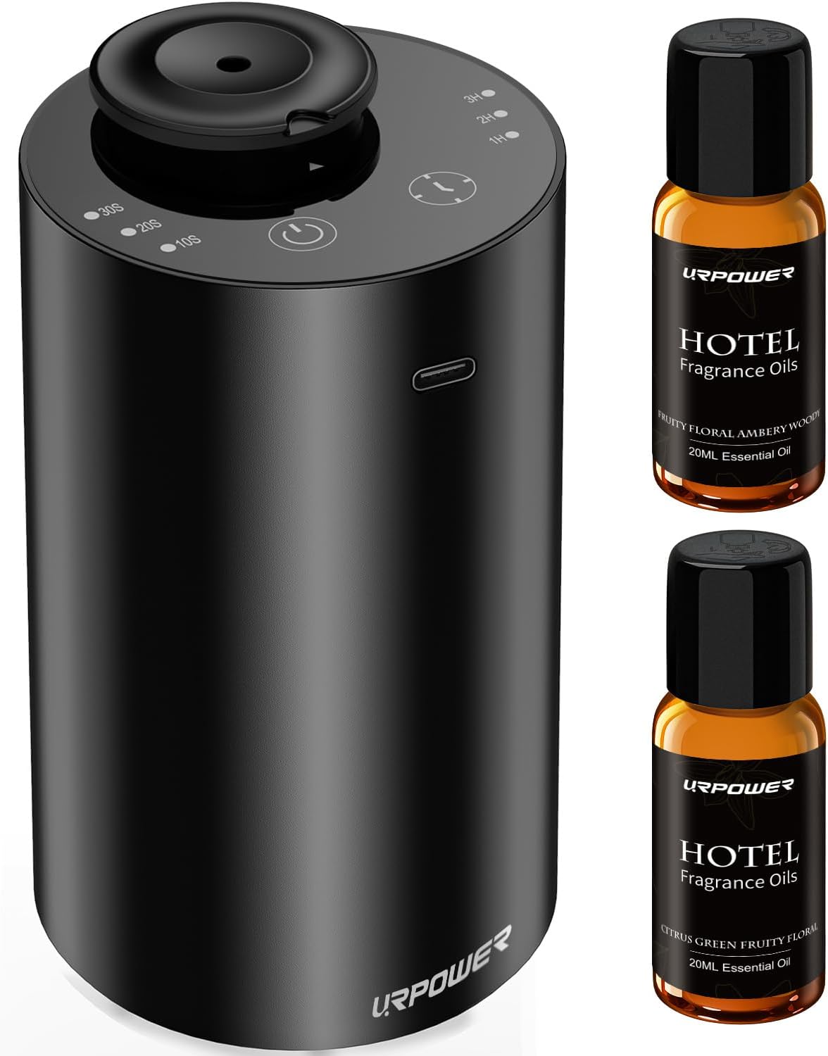 URPOWER Waterless Essential Oil Diffuser Cordless Mini Scent Diffuser 20mL | Includes 2 x 20mL Hotel-Inspired Essential Oils, Rechargeable Aluminum Waterless Diffuser for Car, Home & Office, Black