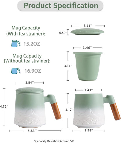 ZENS Tea Mug with Infuser and Lid for Loose Leaf Tea Steeper, 16.9oz Moss | Embossed Ceramic Tea Cup with Infuser for Herbal Tea Difussers, Tea Lovers Gifts, Nature Wood Handle