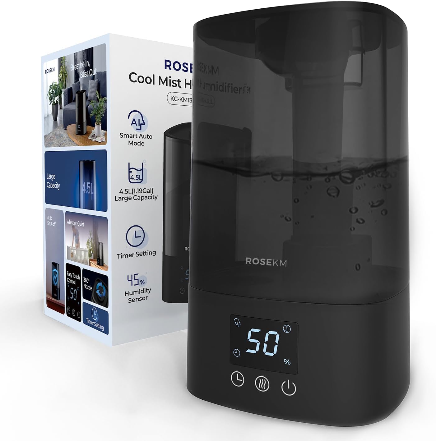ROSEKM Automatic Humidifiers for Bedroom Large Room, 4.5L Cool Mist Humidifier for Home & Plant with Timer & Humidity Sensor, Last Up to 18H on High Setting, Auto Shut-Off, 360° Nozzle (Black)